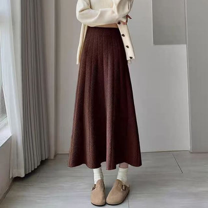 Solid Knit Midi A-Line Skirt High Rise