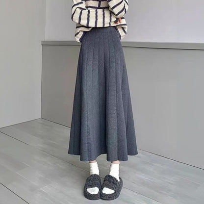 Solid Knit Midi A-Line Skirt High Rise