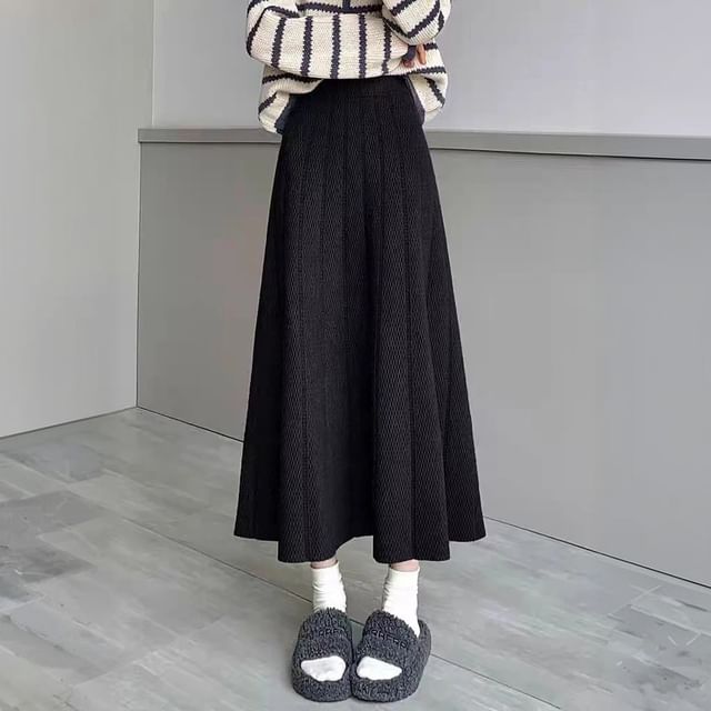 Solid Knit Midi A-Line Skirt High Rise