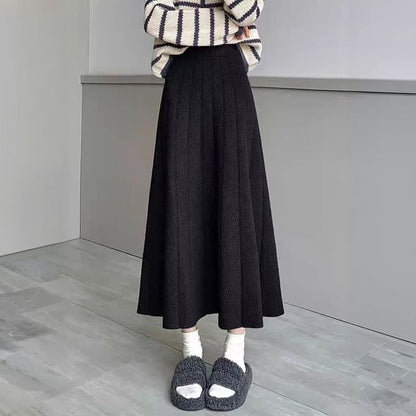 Solid Knit Midi A-Line Skirt High Rise