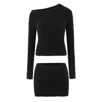One-Shoulder Cable-Knit Sweater & Mini Pencil Skirt Set