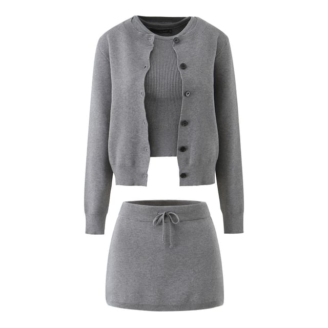 Crew Neck Ribbed Tank & Cardigan & Mini A-Line Skirt Set