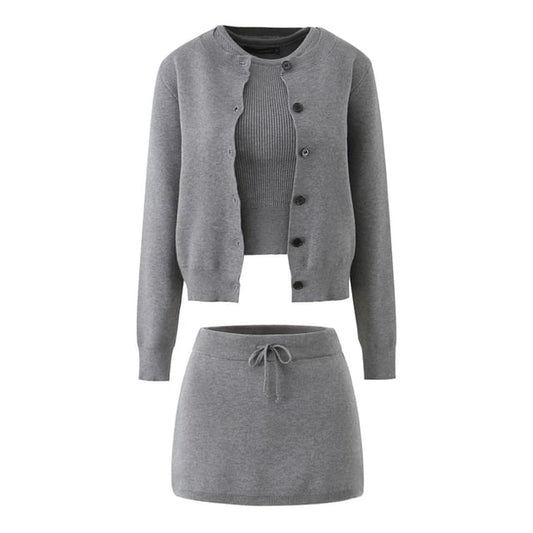 Crew Neck Ribbed Tank & Cardigan & Mini A-Line Skirt Set