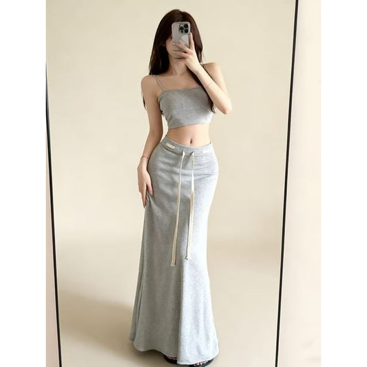 Solid Maxi A-Line Skirt with Drawstring Waist