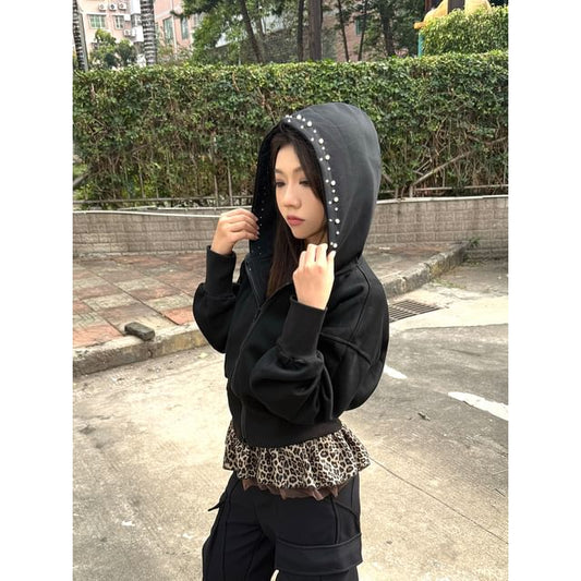 Zip-Up Hoodie with Faux Pearl Embellishments