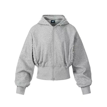 Zip-Up Hoodie with Faux Pearl Embellishments