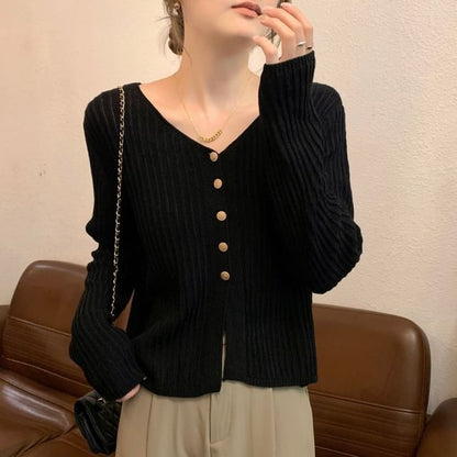 V-Neck Plain Ribbed Cardigan