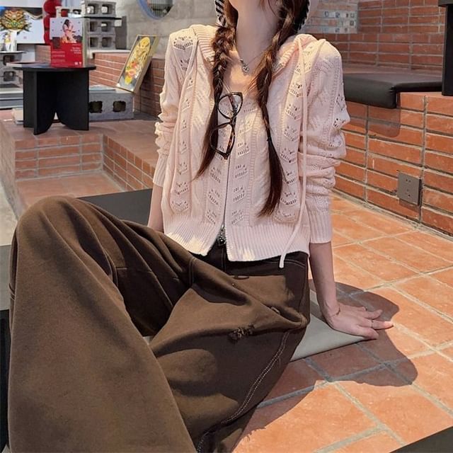 Plain Hood Pointelle Cable Knit Zip Cardigan / Mid Rise Contrast Stitch Wide Leg Jeans
