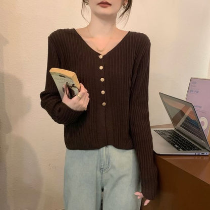 V-Neck Plain Ribbed Cardigan