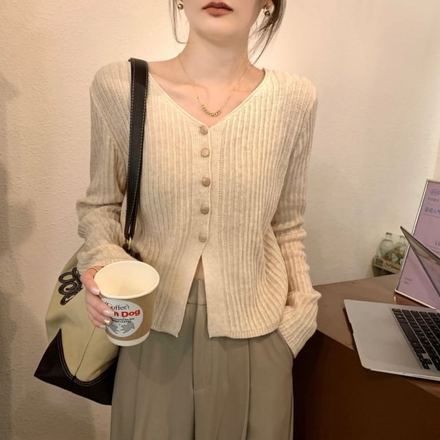 V-Neck Plain Ribbed Cardigan
