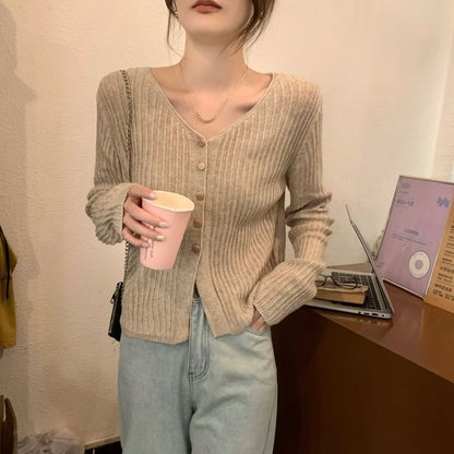 V-Neck Plain Ribbed Cardigan