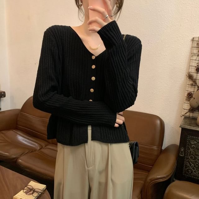 V-Neck Plain Ribbed Cardigan
