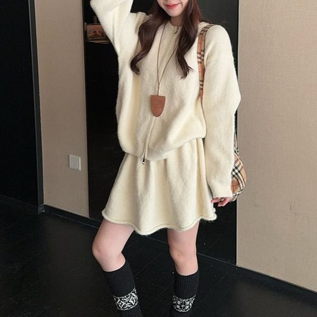 Set: Round Neck Plain Zip Cardigan + High Rise Knit Mini A-Line Skirt
