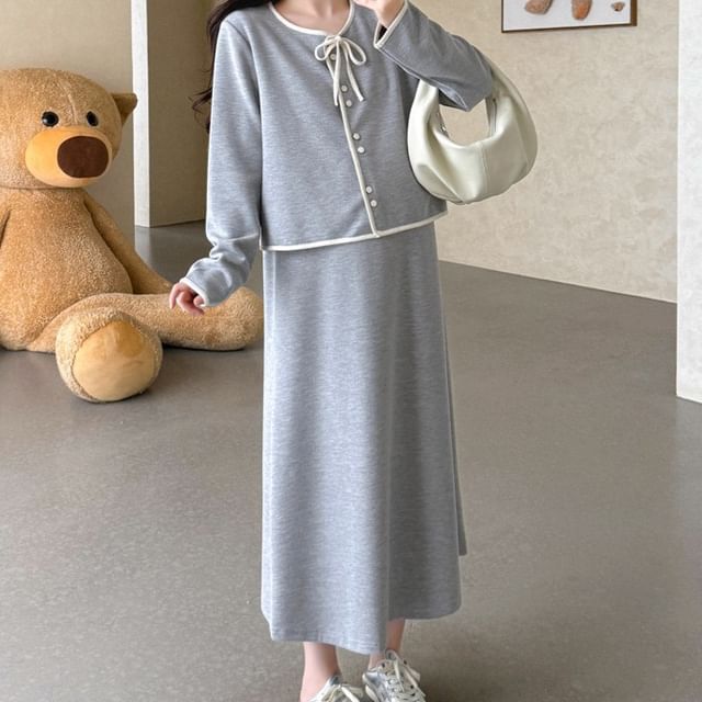 Round Neck Contrast Trim Cardigan & High Waist Midi Skirt Set