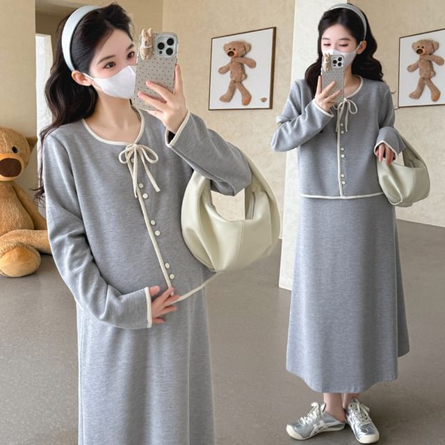Round Neck Contrast Trim Cardigan & High Waist Midi Skirt Set