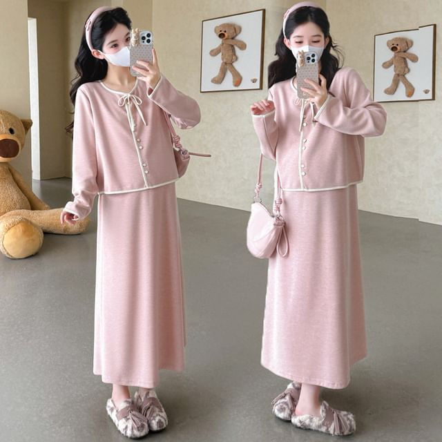Round Neck Contrast Trim Cardigan & High Waist Midi Skirt Set