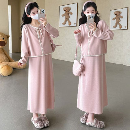Round Neck Contrast Trim Cardigan & High Waist Midi Skirt Set