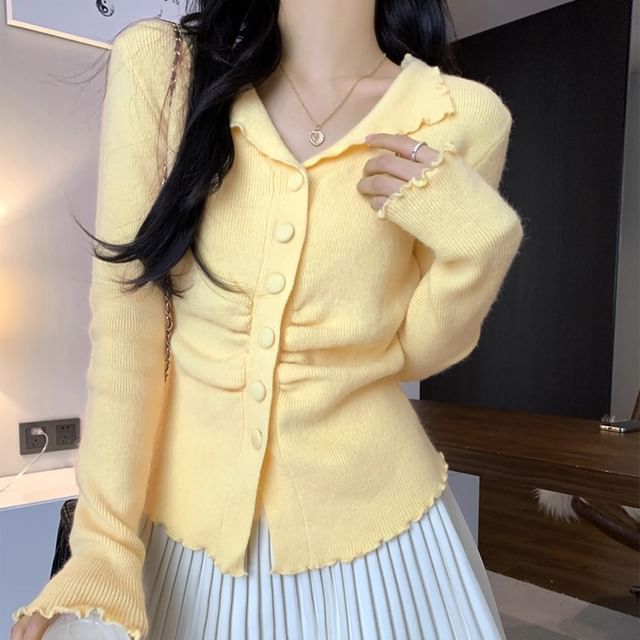 Split Neck Lettuce Edge Ruched Button-Up Plain Crop Cardigan