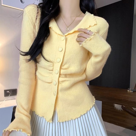 Split Neck Lettuce Edge Ruched Button-Up Plain Crop Cardigan