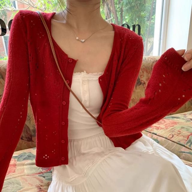 Crew Neck Perforated Button-Up Plain Crop Cardigan