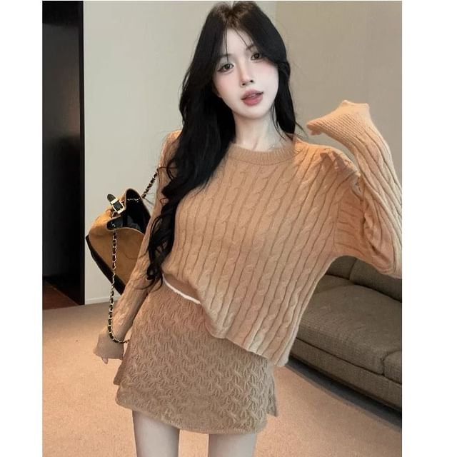 Long-Sleeve Round Neck Cable Knit Top & High Rise Mini Skirt Set
