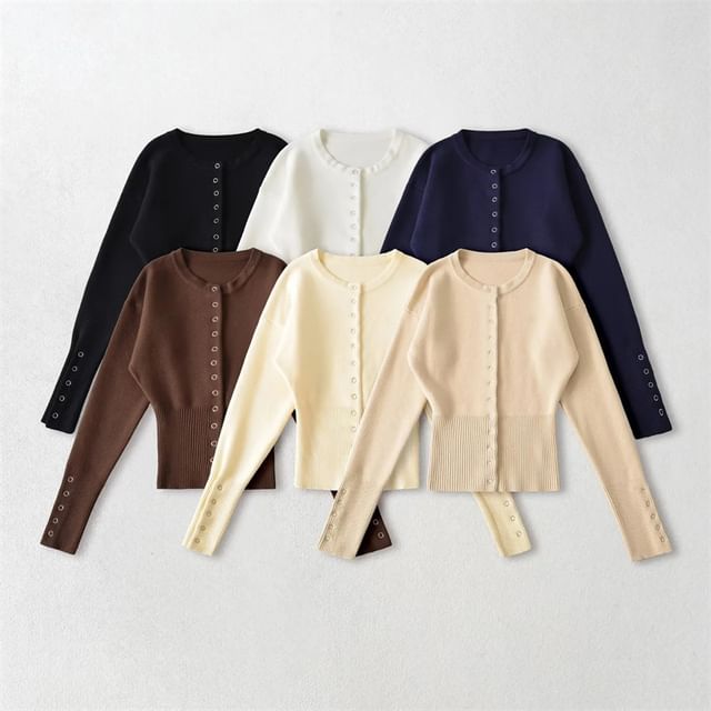 Crew Neck Button-Up Plain Cardigan
