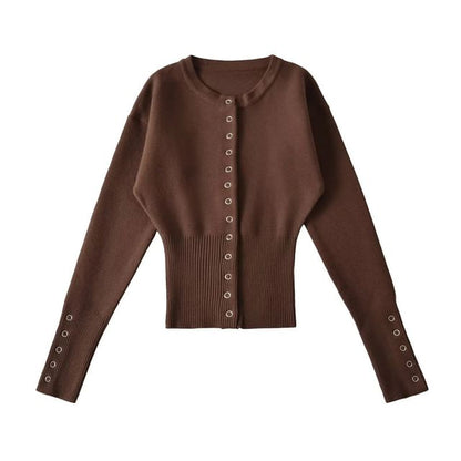 Crew Neck Button-Up Plain Cardigan