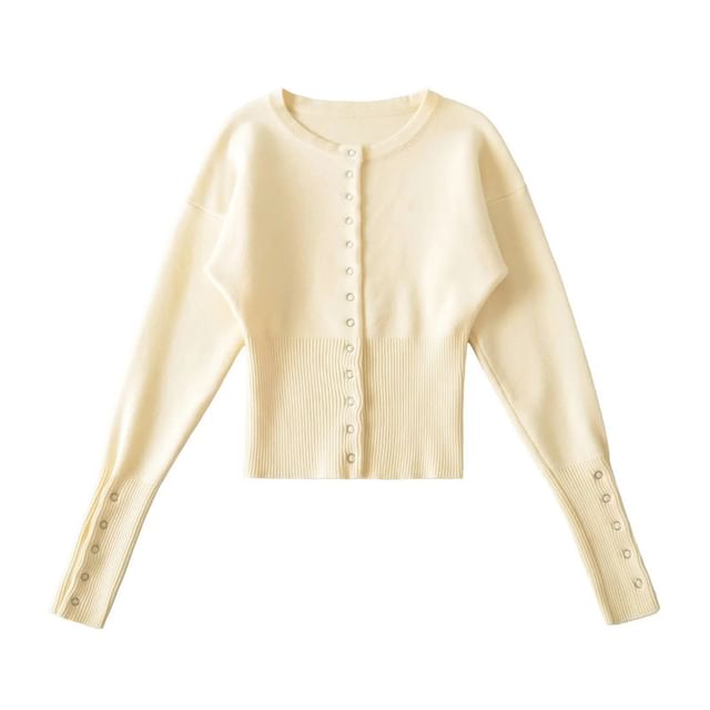 Crew Neck Button-Up Plain Cardigan
