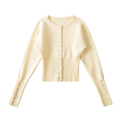 Crew Neck Button-Up Plain Cardigan