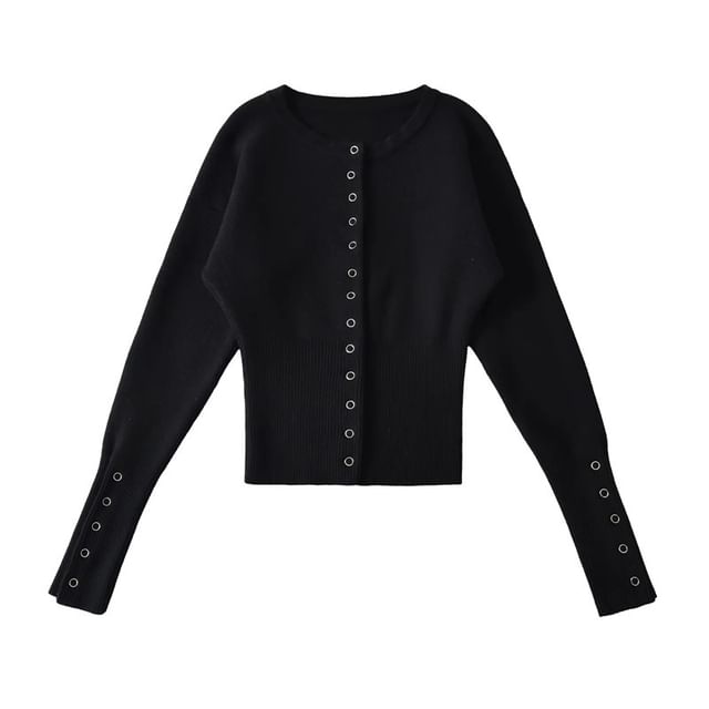 Crew Neck Button-Up Plain Cardigan
