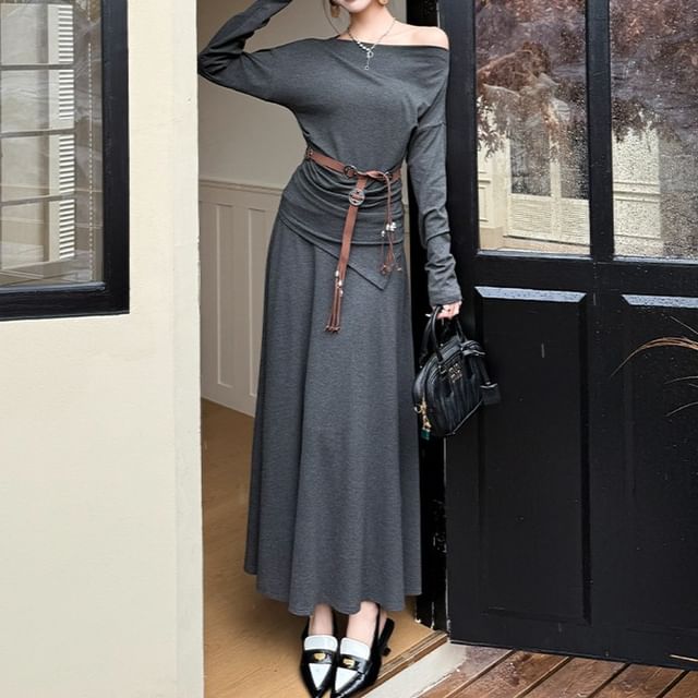 Off Shoulder Plain Tee & High Rise Maxi A-Line Skirt Set