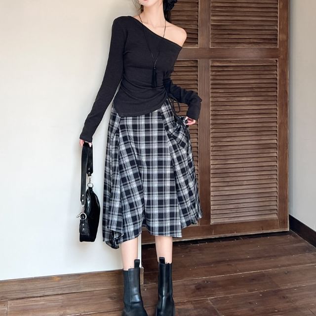 Off Shoulder Tie Waist Tee & High Rise Plaid Midi Skirt Set