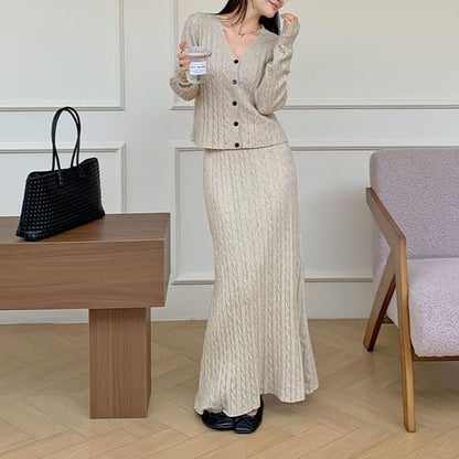 V-Neck Cable Knit Cardigan & High Rise Maxi A-Line Skirt Set