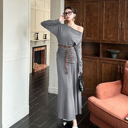 Off Shoulder Plain Tee & High Rise Maxi A-Line Skirt Set