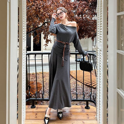 Off Shoulder Plain Tee & High Rise Maxi A-Line Skirt Set