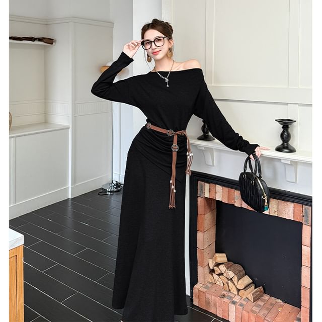 Off Shoulder Plain Tee & High Rise Maxi A-Line Skirt Set