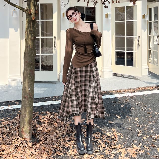 Off Shoulder Tie Waist Tee & High Rise Plaid Midi Skirt Set