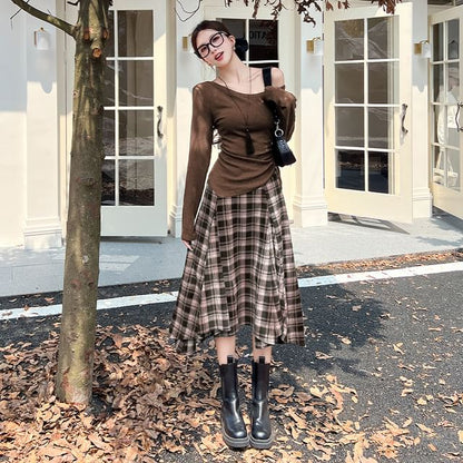 Off Shoulder Tie Waist Tee & High Rise Plaid Midi Skirt Set