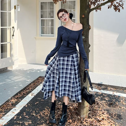 Off Shoulder Tie Waist Tee & High Rise Plaid Midi Skirt Set