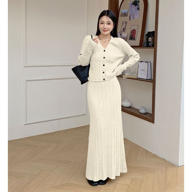 V-Neck Cable Knit Cardigan & High Rise Maxi A-Line Skirt Set