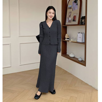 V-Neck Cable Knit Cardigan & High Rise Maxi A-Line Skirt Set