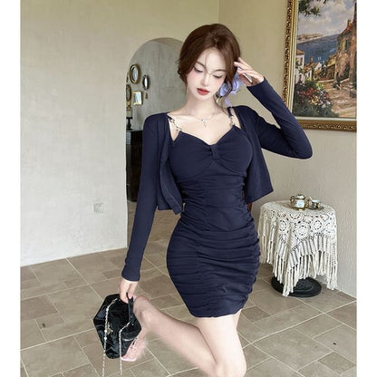 Set: Spaghetti Strap V-Neck Plain Ruched Mini Bodycon Dress + Plain Cardigan
