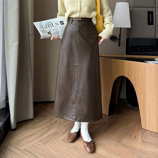 High Rise Slit Faux Leather Midi Straight Skirt