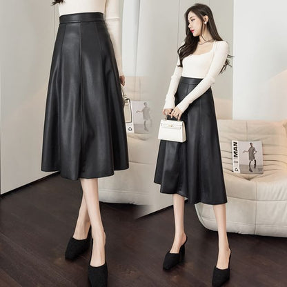 Faux Leather Midi A-Line Skirt