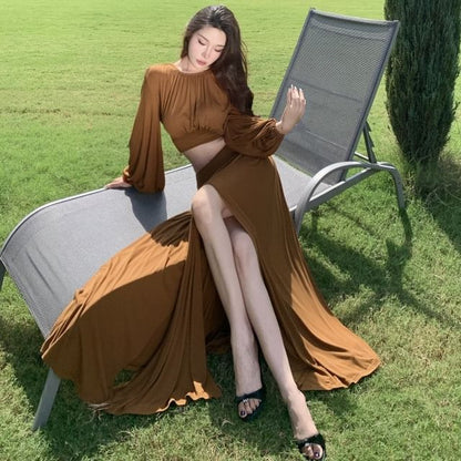 Cropped Blouse & Maxi Skirt Set - Round Neck, Long Sleeve