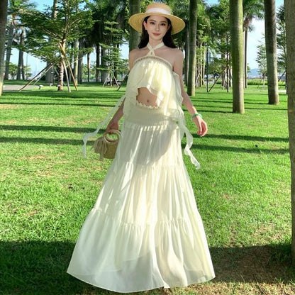 Halter Asymmetrical Ruffle Crop Top & Tiered Maxi Skirt Set