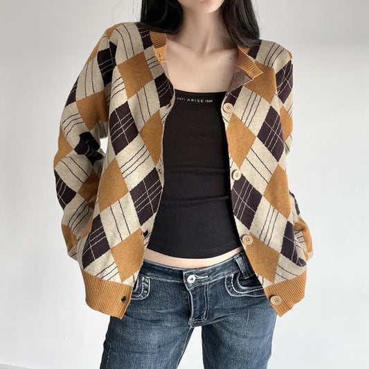 Round Neck Argyle Cardigan