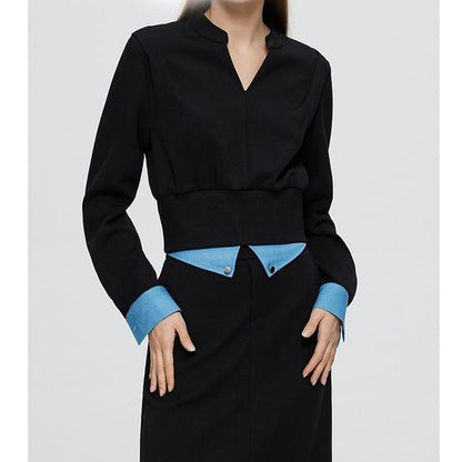 Two-Tone T-Shirt & Pencil Skirt Set - V-Neck, High Rise