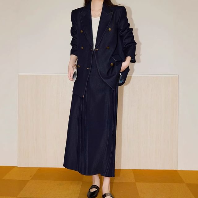 Denim Blazer & Pleated Skirt Set - Double-Breasted, High Waist