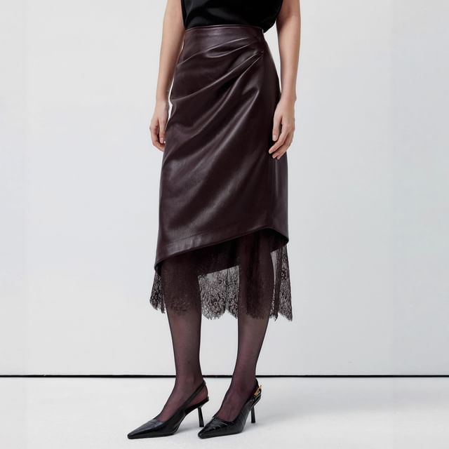 Lace Panel Faux Leather Midi Pencil Skirt